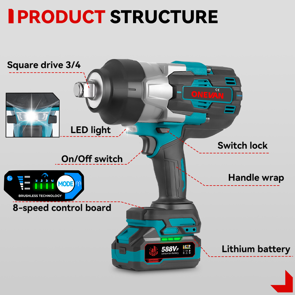 Torque Wrench - Аккумуляторный бесщеточный ударный гайковерт 1000 Вт,